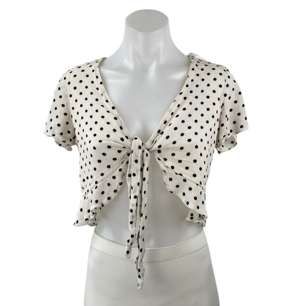 Polly Women's White Black Polka Dots Short Sleeve Cardigan Tie Crop Top Size 6